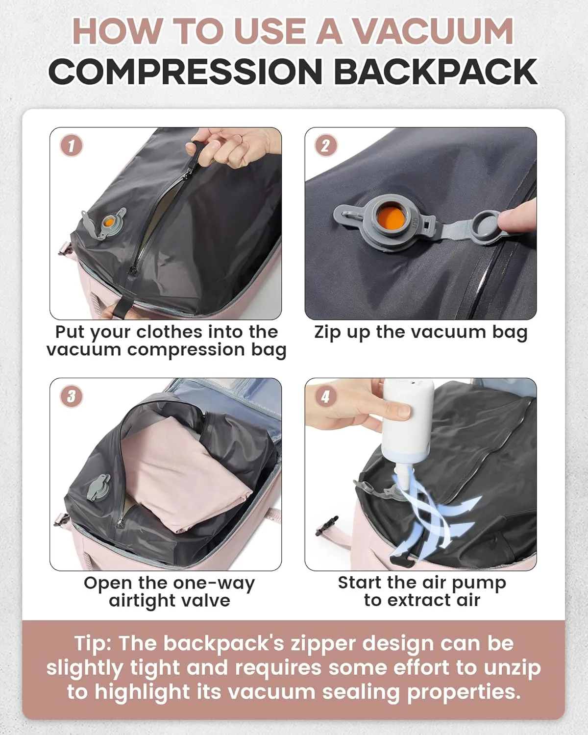 Vacuum Travel Backpack with Pump for Women,Airback Personal Item Carry on Backpacks Flight Approved 18x14x8 inches for Men,Laptop Waterproof Work Compression bags Casual Daypack,Pink.