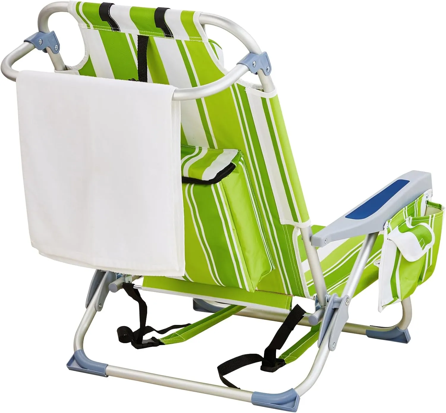 Vasitelan Outdoor Folding Backpack Beach Chair with 5 Positions, Towel bar, Cooler Pouch, Cup Holder,Folding Beach Chair with Backpack Straps (Green Stripes, Short)