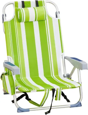Vasitelan Outdoor Folding Backpack Beach Chair with 5 Positions, Towel bar, Cooler Pouch, Cup Holder,Folding Beach Chair with Backpack Straps (Green Stripes, Short)