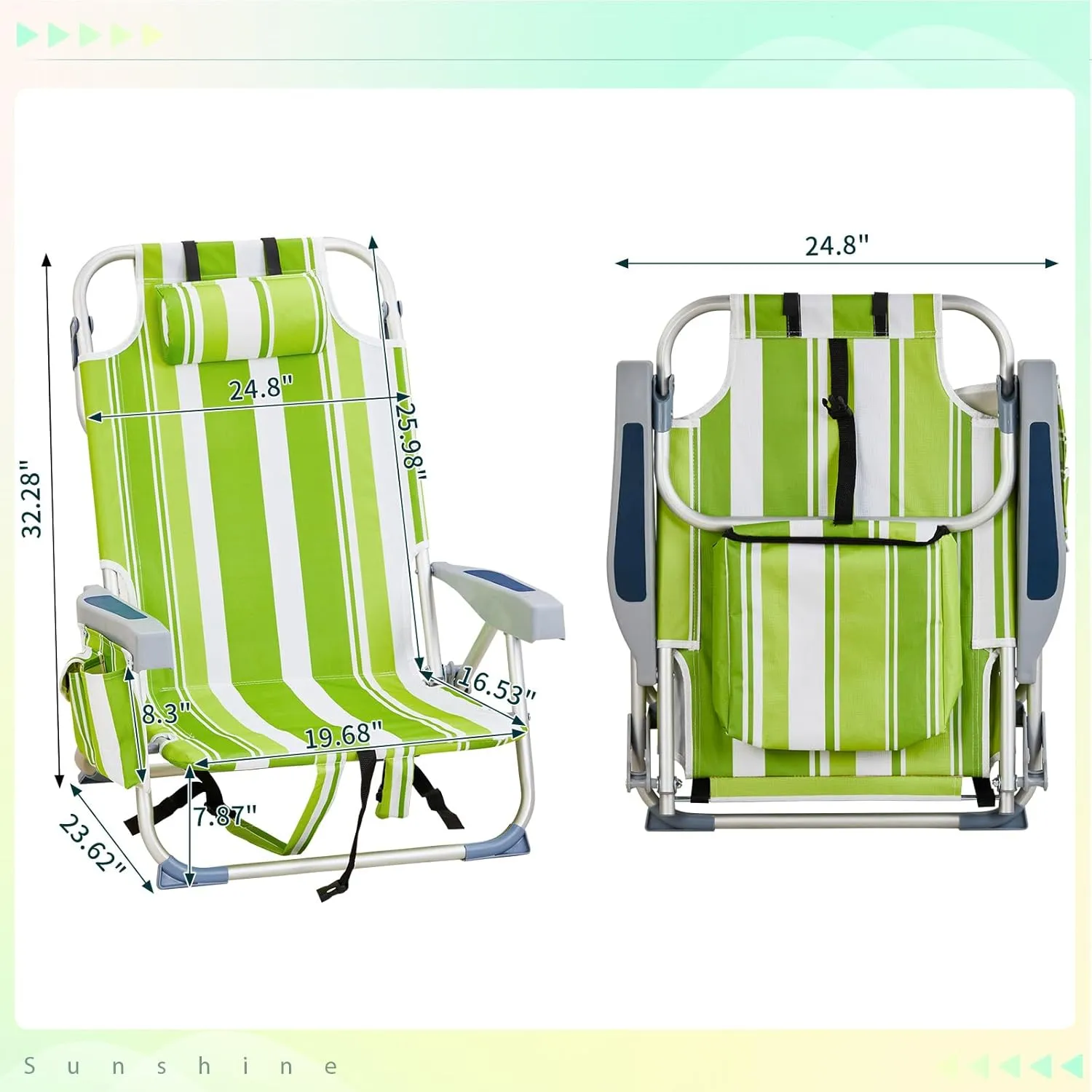 Vasitelan Outdoor Folding Backpack Beach Chair with 5 Positions, Towel bar, Cooler Pouch, Cup Holder,Folding Beach Chair with Backpack Straps (Green Stripes, Short)