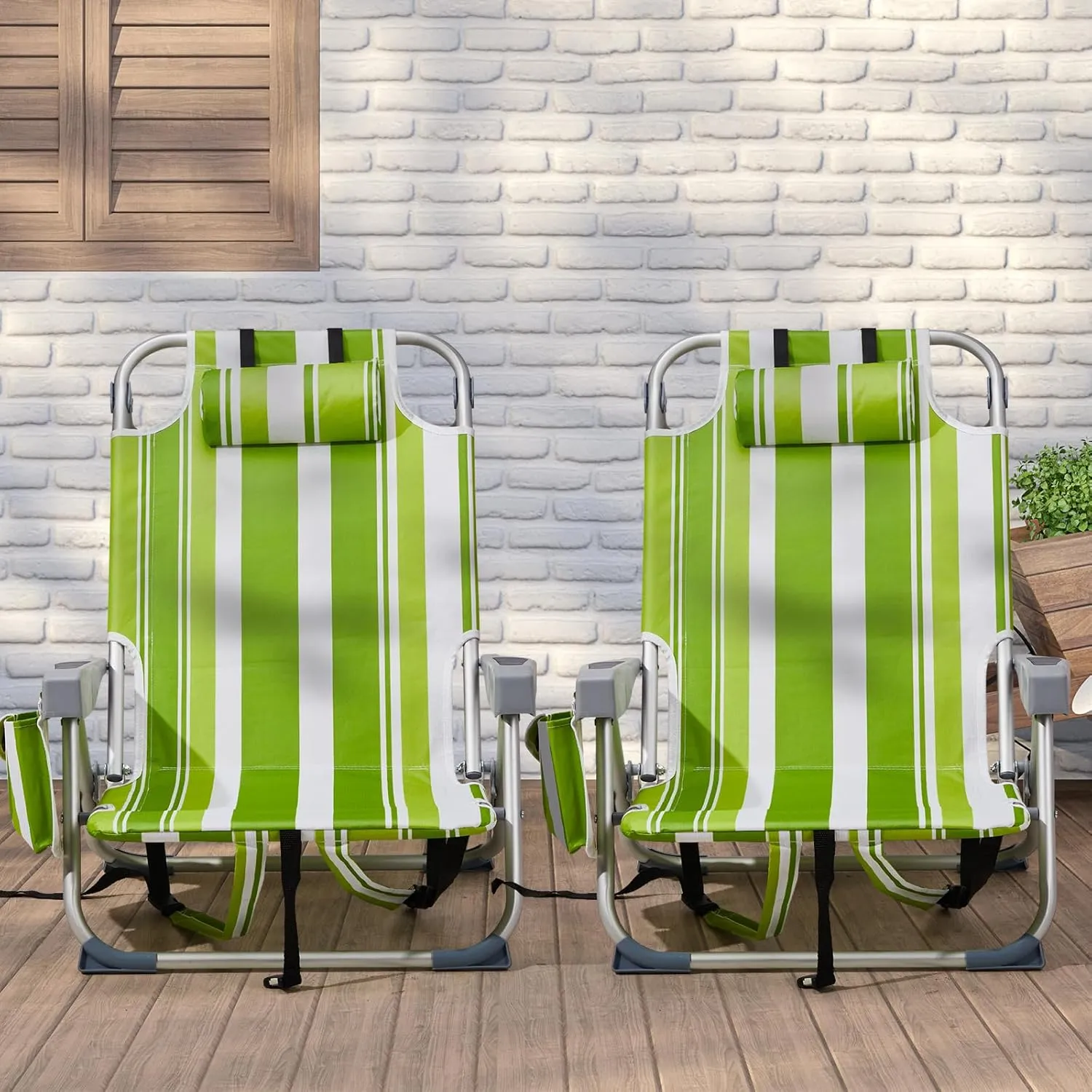 Vasitelan Outdoor Folding Backpack Beach Chair with 5 Positions, Towel bar, Cooler Pouch, Cup Holder,Folding Beach Chair with Backpack Straps (Green Stripes, Short)
