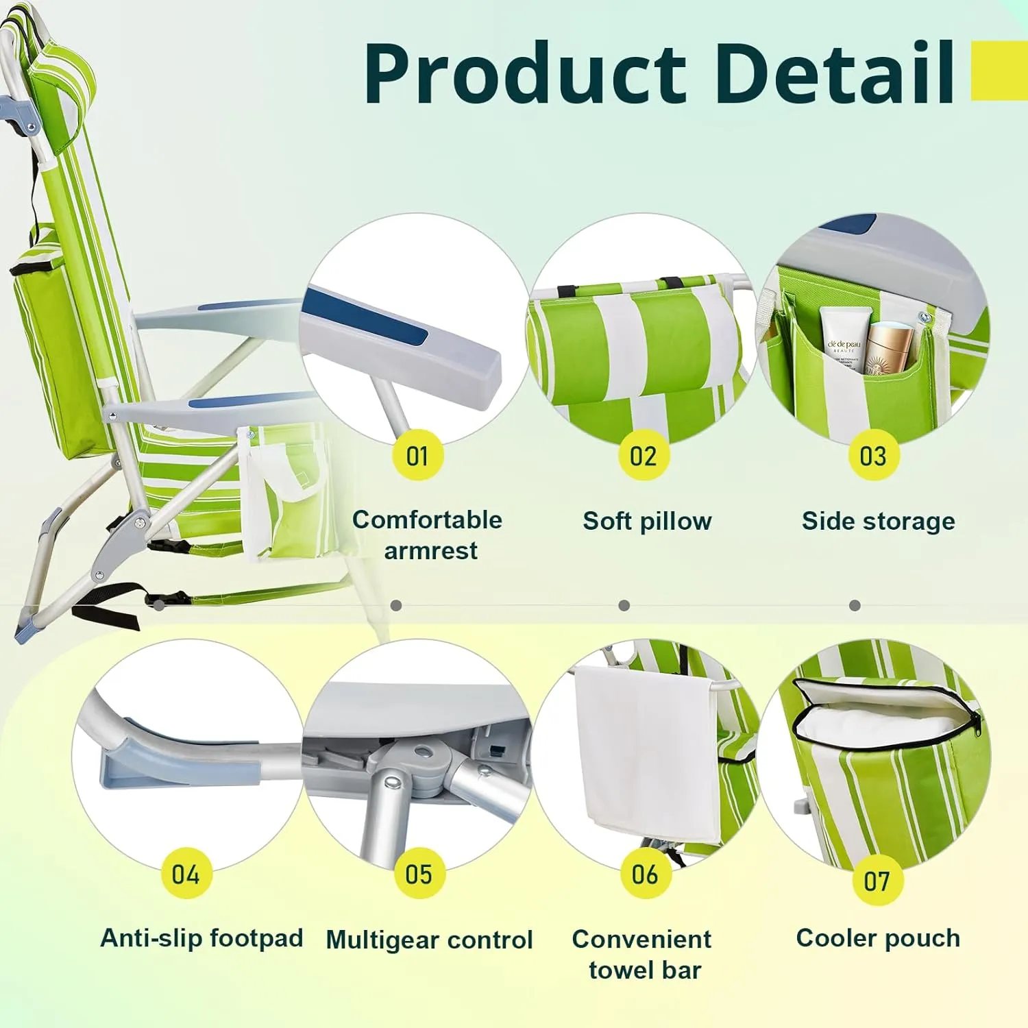 Vasitelan Outdoor Folding Backpack Beach Chair with 5 Positions, Towel bar, Cooler Pouch, Cup Holder,Folding Beach Chair with Backpack Straps (Green Stripes, Short)
