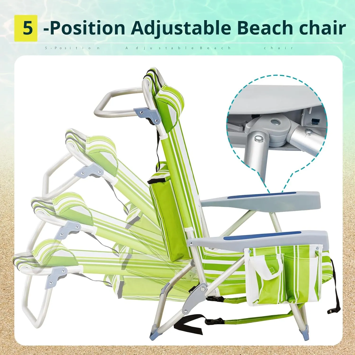 Vasitelan Outdoor Folding Backpack Beach Chair with 5 Positions, Towel bar, Cooler Pouch, Cup Holder,Folding Beach Chair with Backpack Straps (Green Stripes, Short)