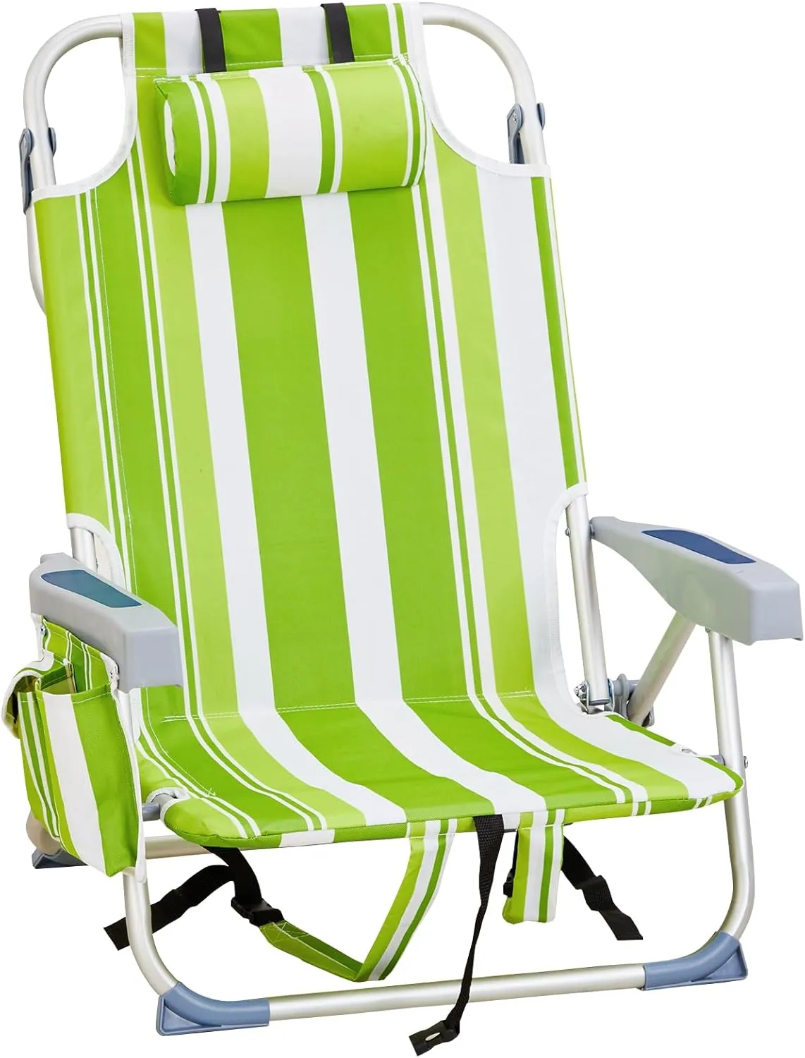 Vasitelan Outdoor Folding Backpack Beach Chair with 5 Positions, Towel bar, Cooler Pouch, Cup Holder,Folding Beach Chair with Backpack Straps (Green Stripes, Short)