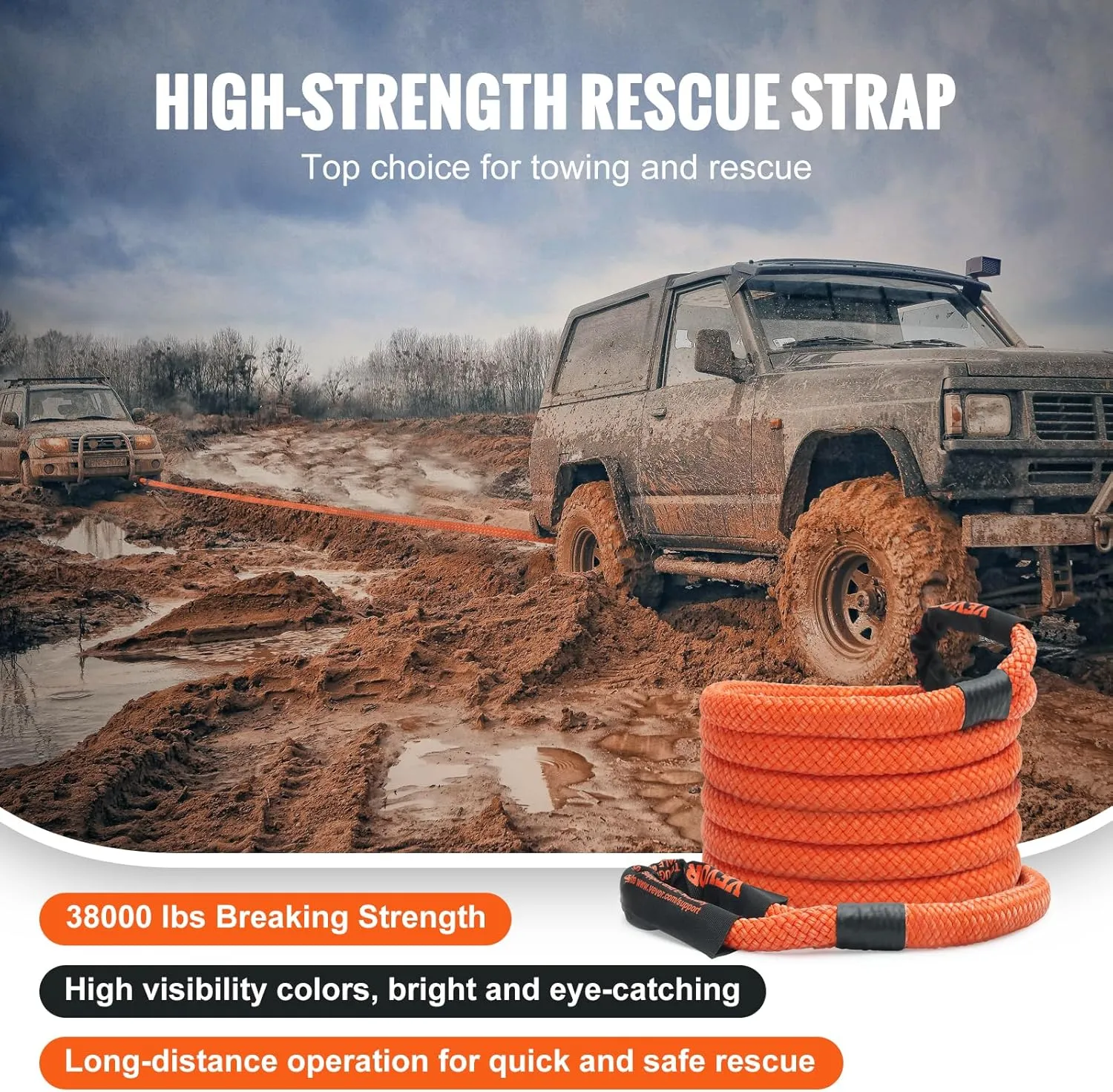 VEVOR 1" x 20' Kinetic Recovery Tow Rope 38,000 lbs, Heavy-Duty Off Road Snatch Strap, Extreme Duty 30% Elasticity Energy Snatch Strap for Jeep Car Truck ATV UTV SUV Tractor