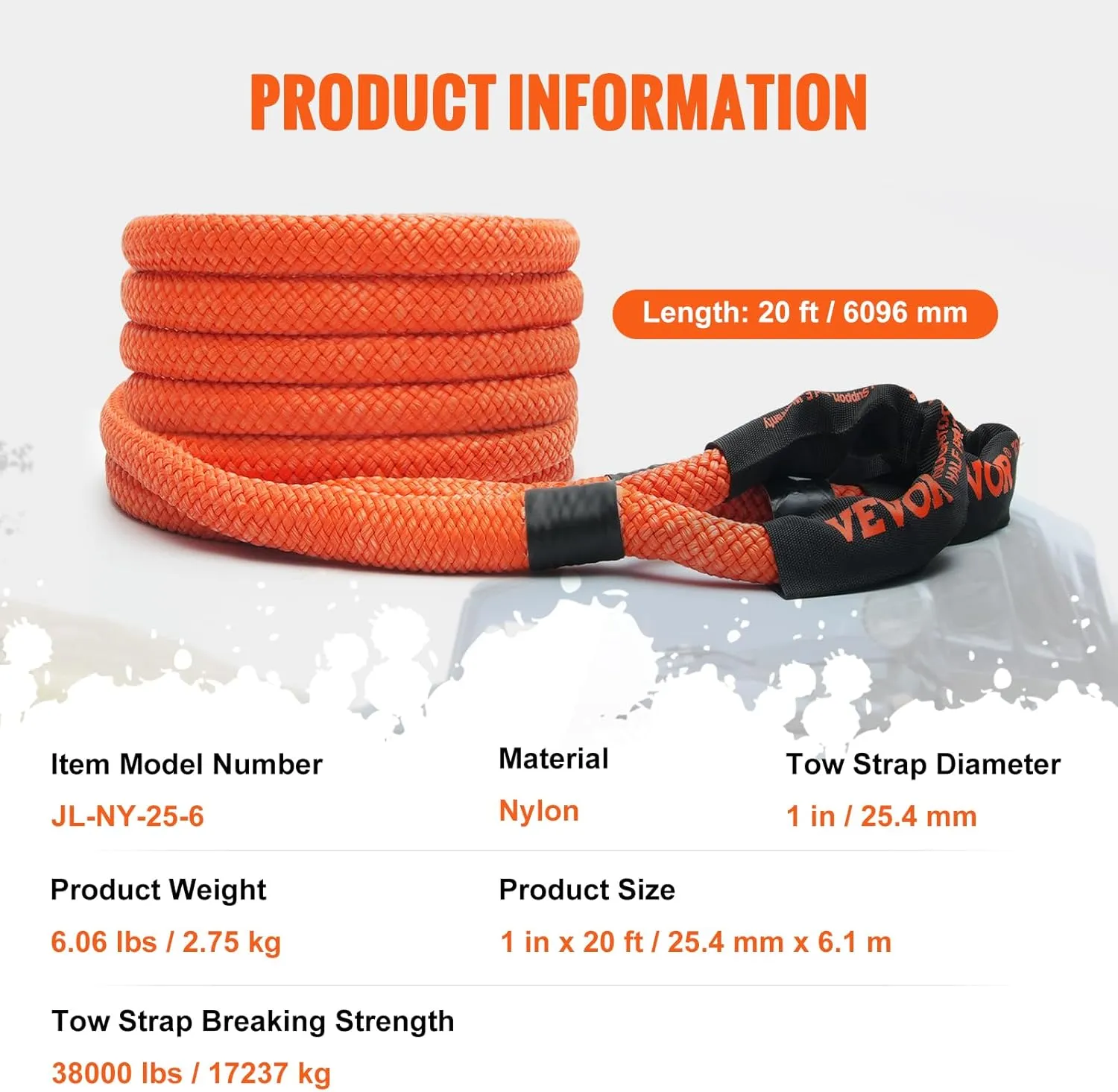 VEVOR 1" x 20' Kinetic Recovery Tow Rope 38,000 lbs, Heavy-Duty Off Road Snatch Strap, Extreme Duty 30% Elasticity Energy Snatch Strap for Jeep Car Truck ATV UTV SUV Tractor