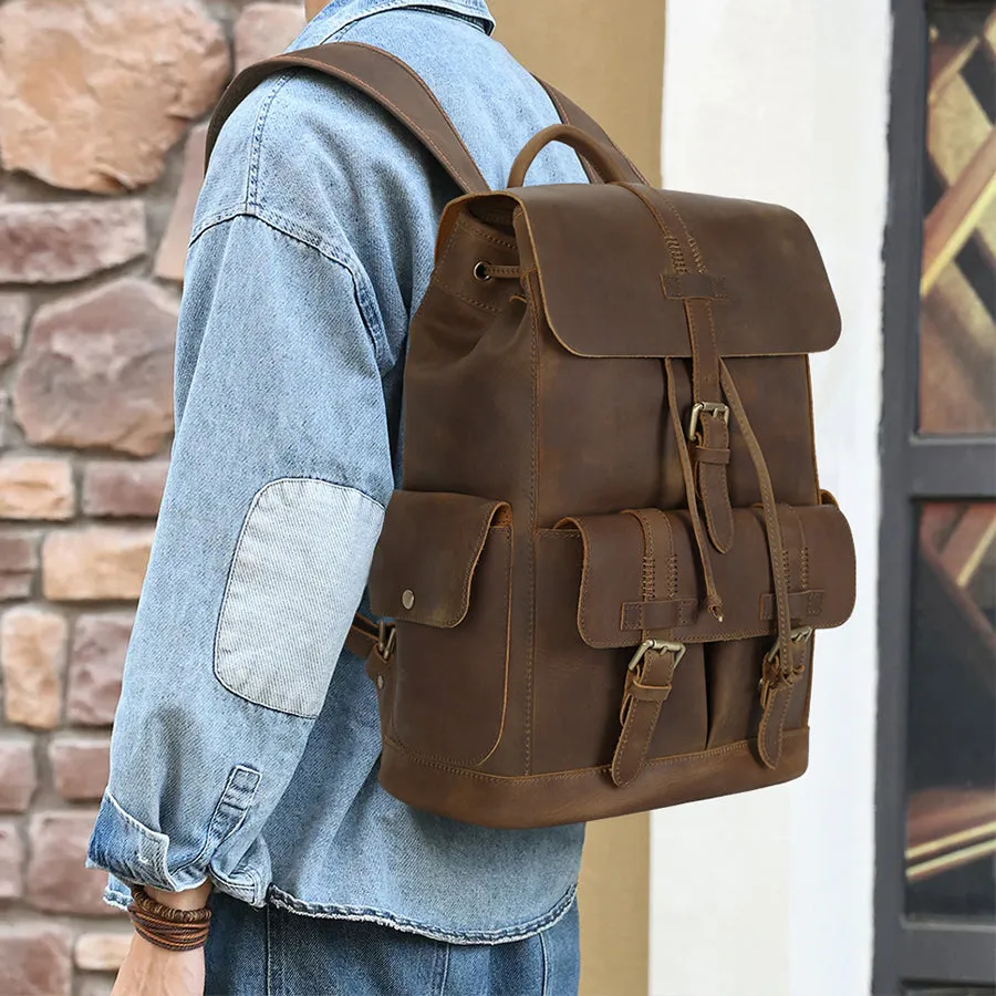 Vintage Leather Rucksack - Waterproof Travel Backpack