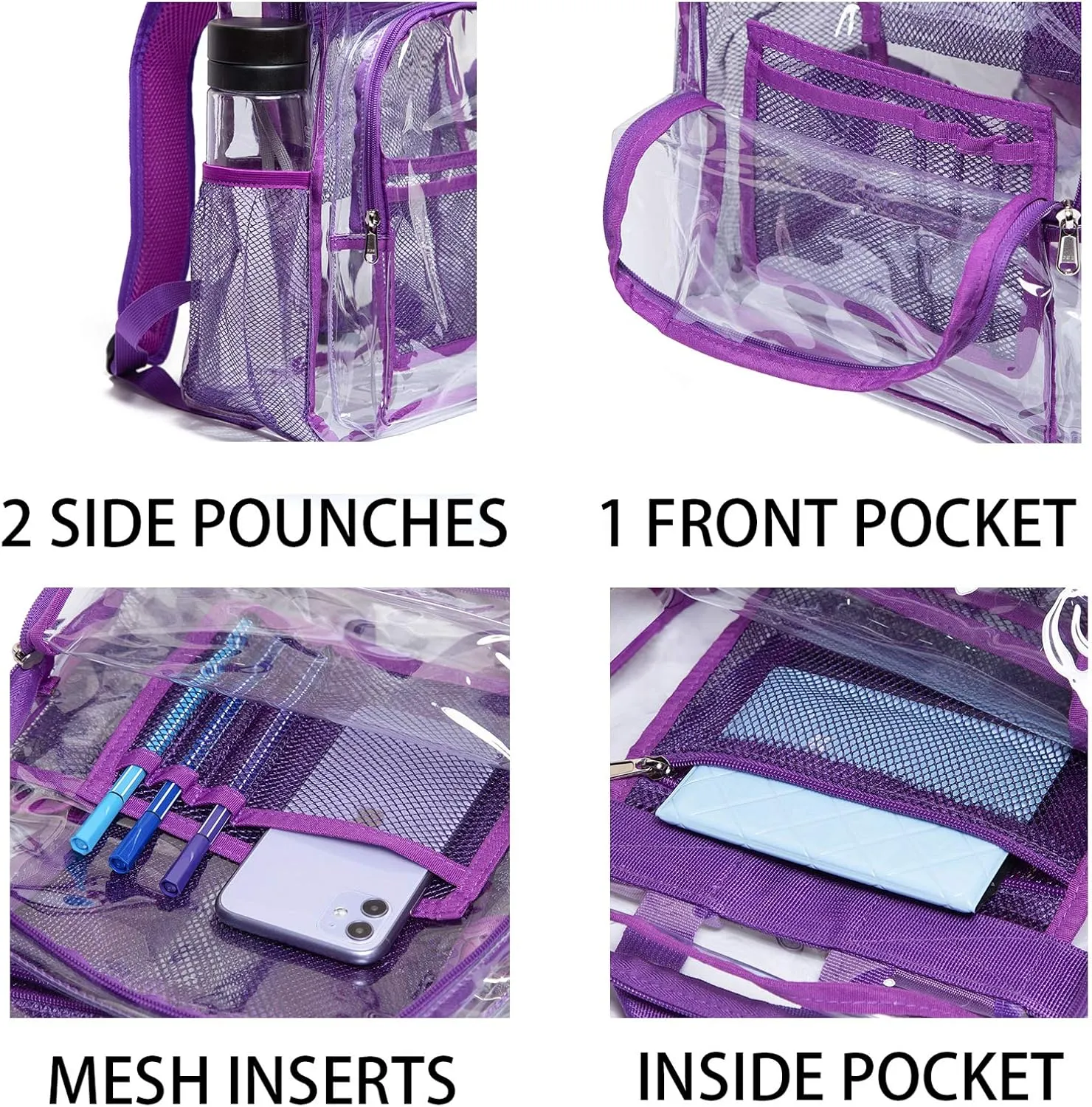 Vorspack Clear Backpack Heavy Duty PVC Transparent Backpack with Reinforced Strap for College Workplace - Purple