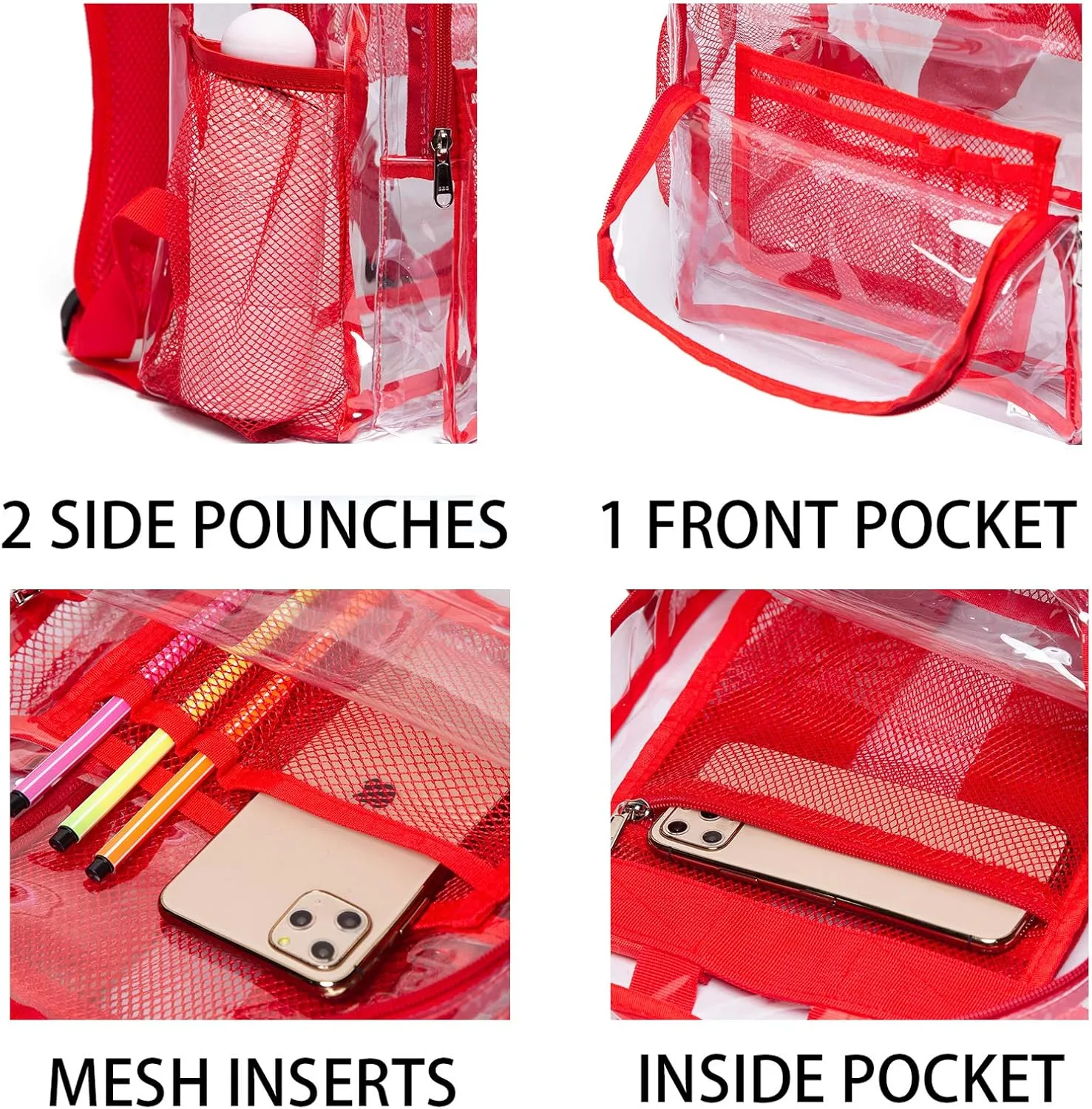 Vorspack Clear Backpack Heavy Duty PVC Transparent Backpack with Reinforced Strap for College Workplace - Red
