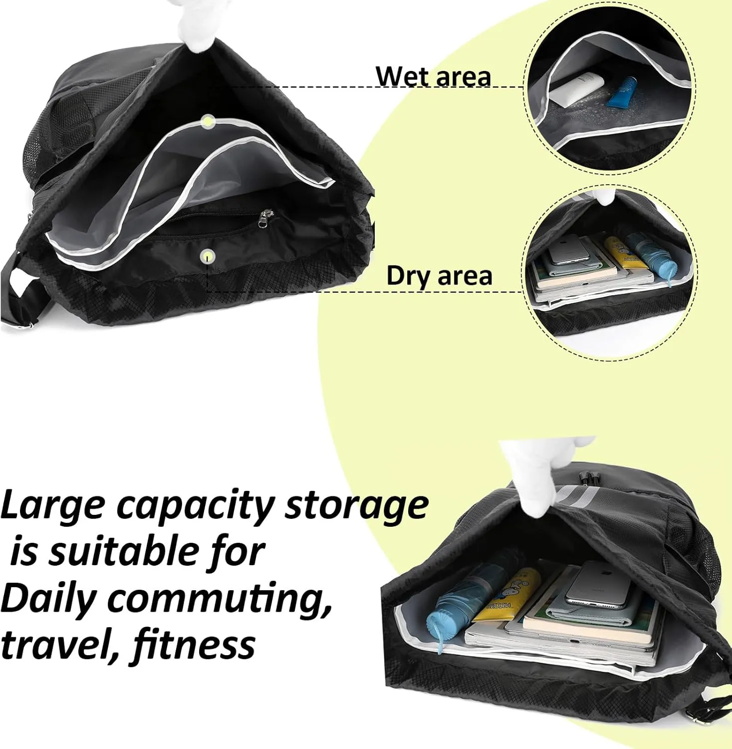 Waterproof Drawstring Backpack Gym & Swim Bag for Travel Camping - Sports Sack with Shoe Compartment, Wet-Proof Mesh Pockets for Men Women, Soccer Basketball Yoga Hiking Fitness