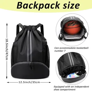 Waterproof Drawstring Backpack Gym & Swim Bag for Travel Camping - Sports Sack with Shoe Compartment, Wet-Proof Mesh Pockets for Men Women, Soccer Basketball Yoga Hiking Fitness