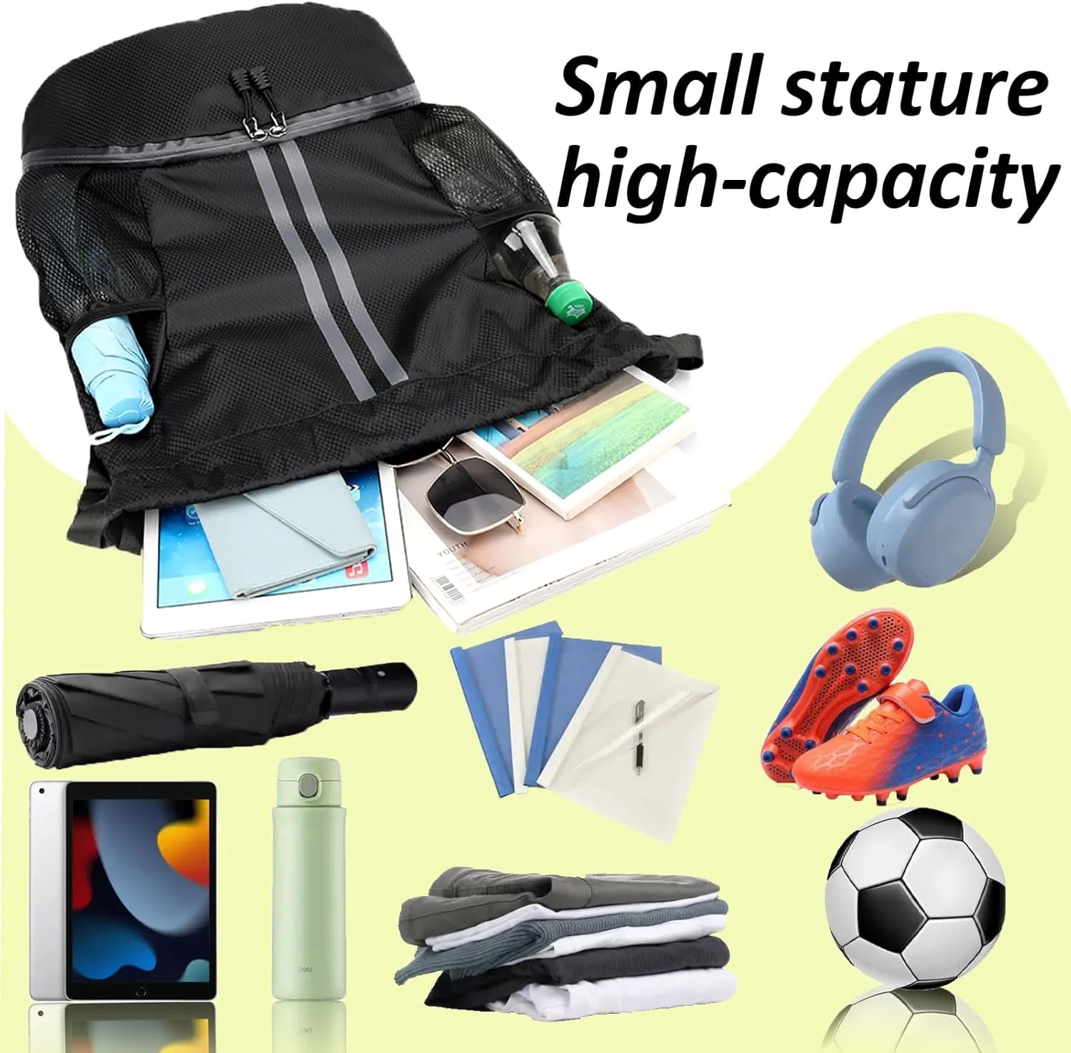 Waterproof Drawstring Backpack Gym & Swim Bag for Travel Camping - Sports Sack with Shoe Compartment, Wet-Proof Mesh Pockets for Men Women, Soccer Basketball Yoga Hiking Fitness