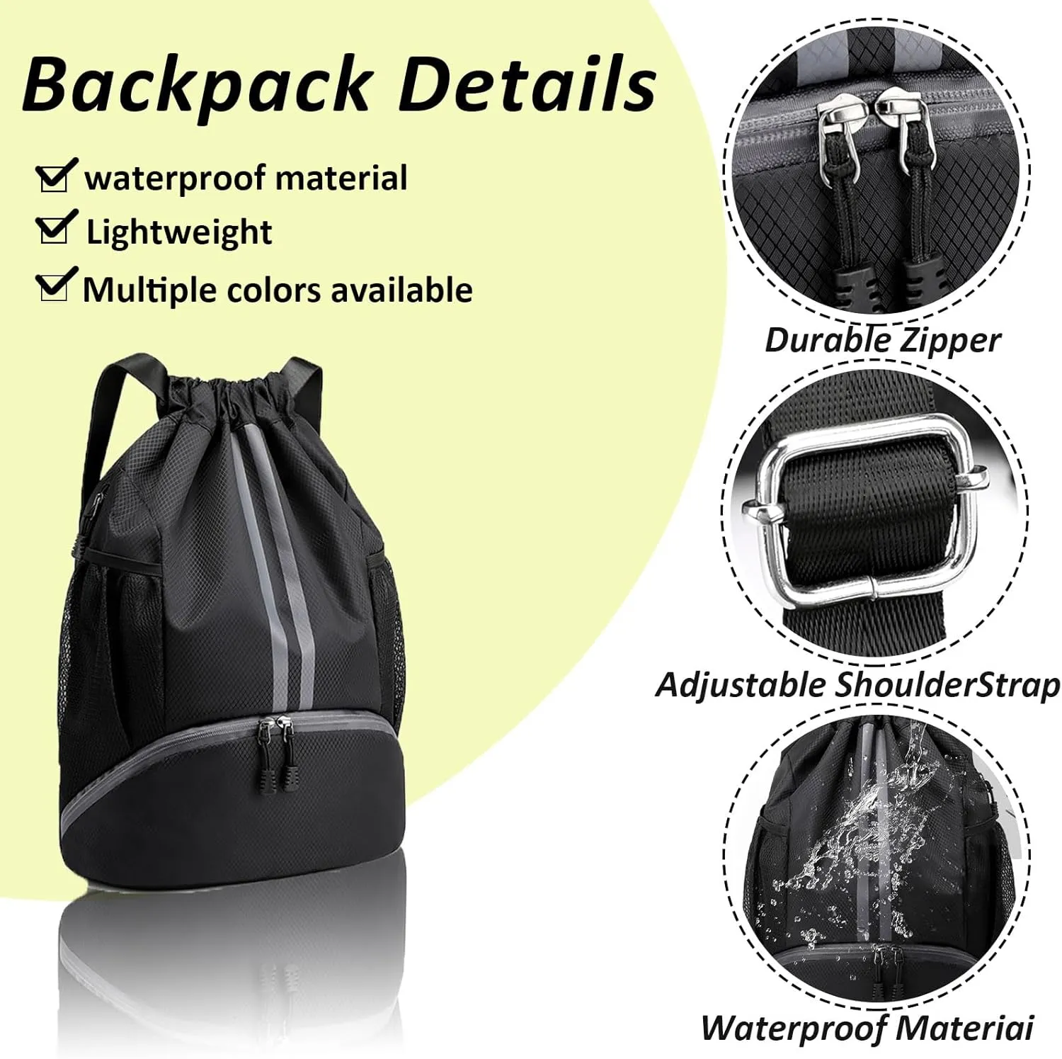 Waterproof Drawstring Backpack Gym & Swim Bag for Travel Camping - Sports Sack with Shoe Compartment, Wet-Proof Mesh Pockets for Men Women, Soccer Basketball Yoga Hiking Fitness