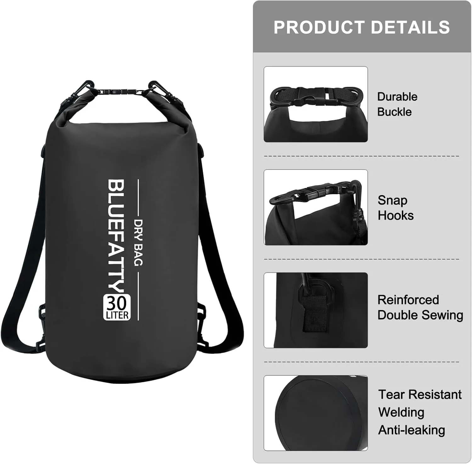 Waterproof Dry Bag Floating Roll Top Waterproof Backpack for Kayaking, Rafting, Boating, SUP, Fishing with IPX8 Waterproof Phone Case, Black, 30L
