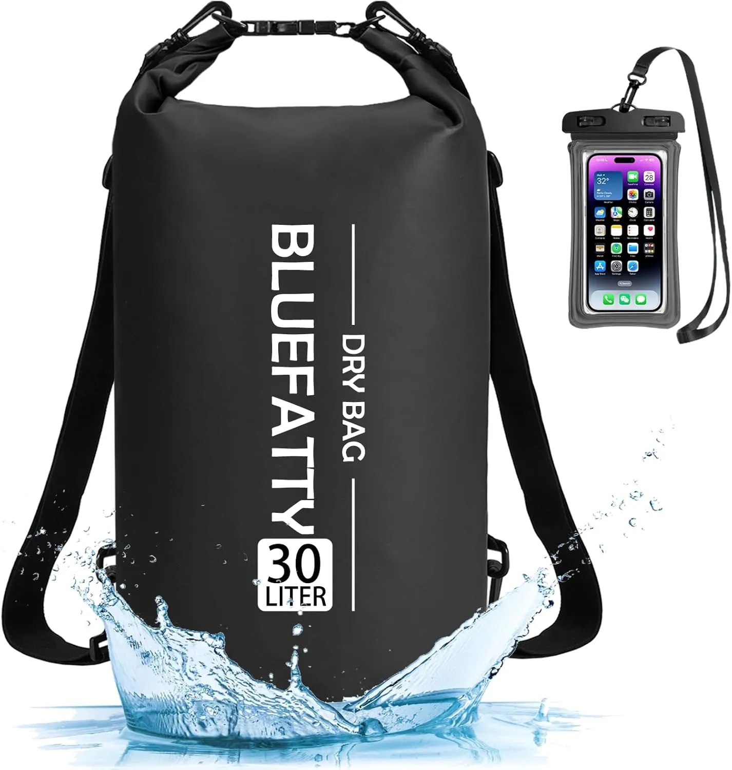 Waterproof Dry Bag Floating Roll Top Waterproof Backpack for Kayaking, Rafting, Boating, SUP, Fishing with IPX8 Waterproof Phone Case, Black, 30L