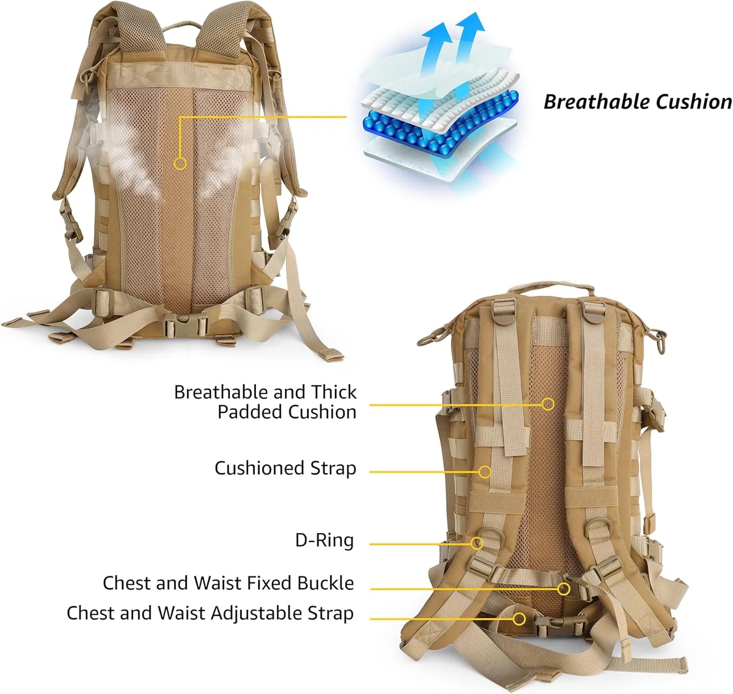Waterproof Tactical Laptop Backpack, 40L, Rope Model (Khaki)