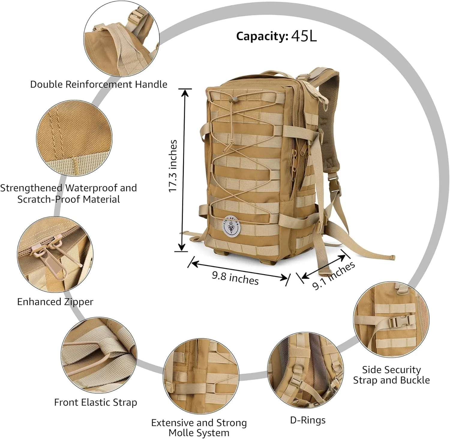 Waterproof Tactical Laptop Backpack, 40L, Rope Model (Khaki)