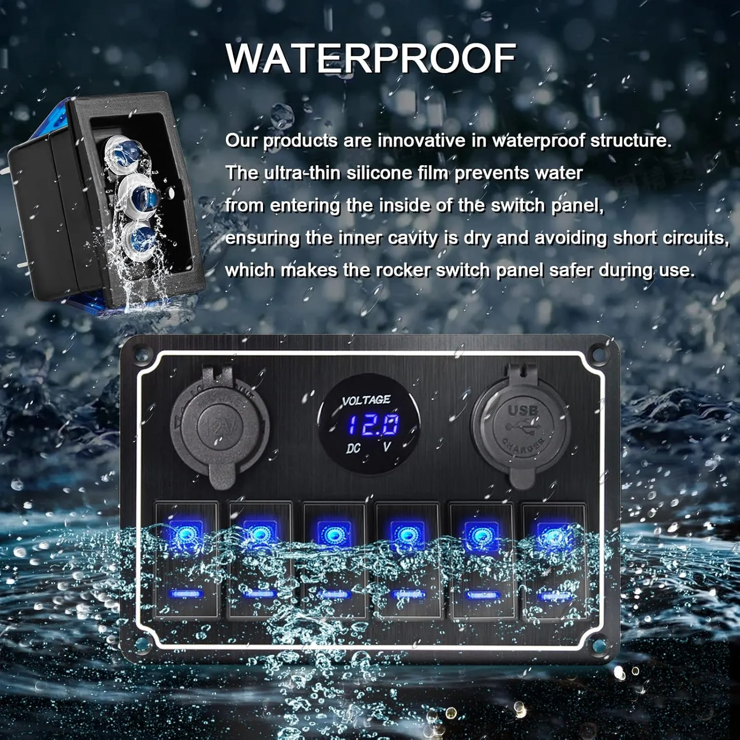 Waterproof Toggle Switch Panel 6 Gang 12V/24V Aluminum Rocker Switch Panel with Dual USB Charger Socket Voltmeter, Pre-Wired Multi-Function Switch Panel for Automotive RV Truck Vehicles