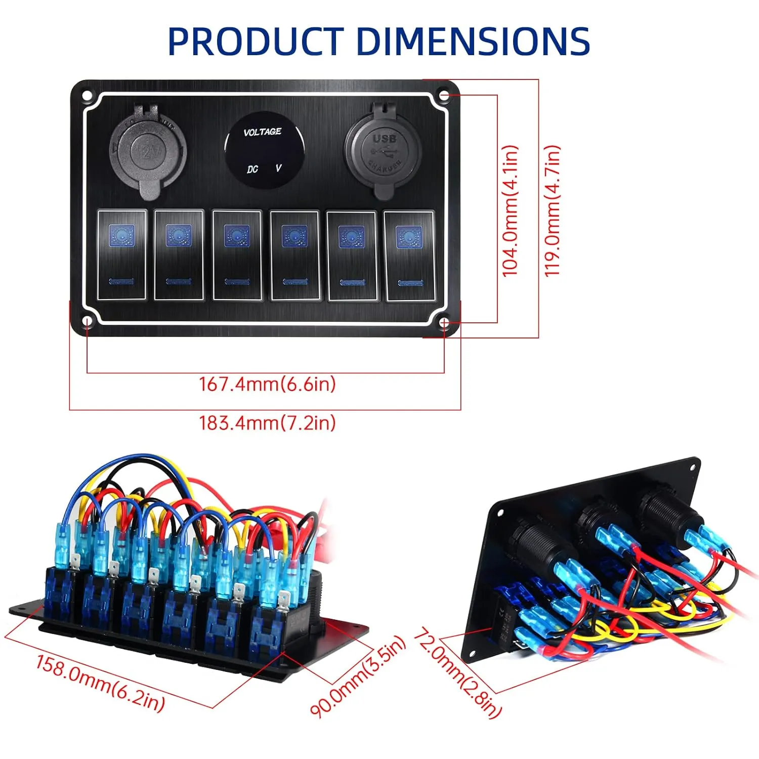Waterproof Toggle Switch Panel 6 Gang 12V/24V Aluminum Rocker Switch Panel with Dual USB Charger Socket Voltmeter, Pre-Wired Multi-Function Switch Panel for Automotive RV Truck Vehicles