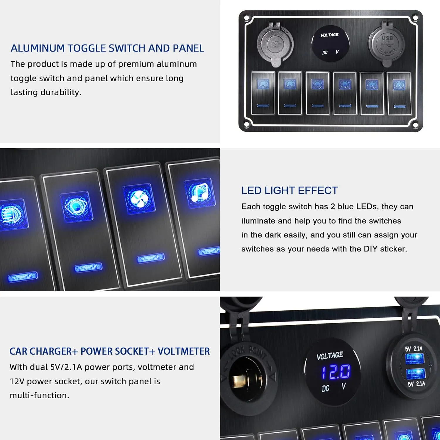 Waterproof Toggle Switch Panel 6 Gang 12V/24V Aluminum Rocker Switch Panel with Dual USB Charger Socket Voltmeter, Pre-Wired Multi-Function Switch Panel for Automotive RV Truck Vehicles