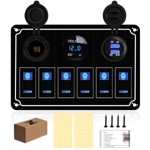 Waterproof Toggle Switch Panel 6 Gang 12V/24V Aluminum Rocker Switch Panel with Dual USB Charger Socket Voltmeter, Pre-Wired Multi-Function Switch Panel for Automotive RV Truck Vehicles