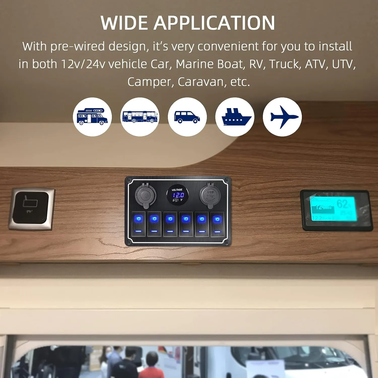 Waterproof Toggle Switch Panel 6 Gang 12V/24V Aluminum Rocker Switch Panel with Dual USB Charger Socket Voltmeter, Pre-Wired Multi-Function Switch Panel for Automotive RV Truck Vehicles