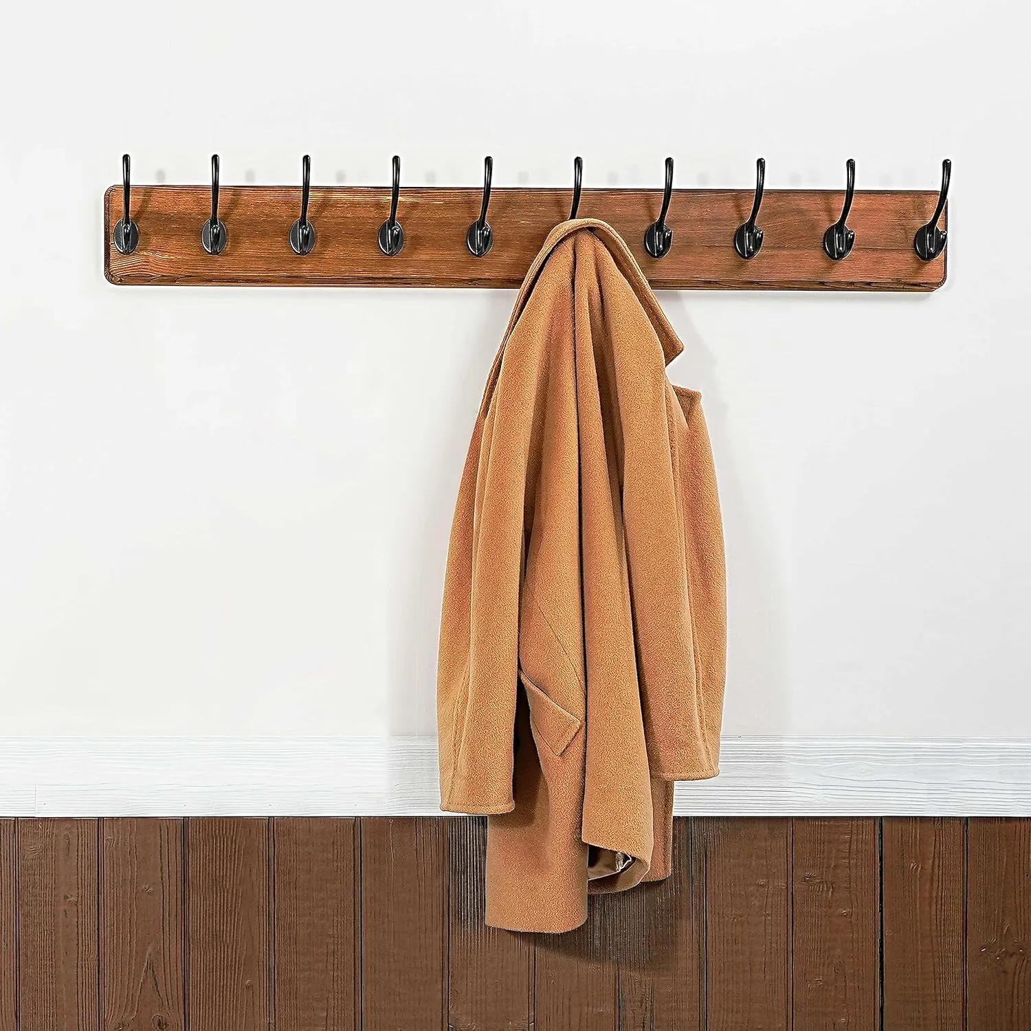 WEBI Coat Rack Wall Mount,10 Hooks,38 9/16" Long Coat Hooks Wall Mounted Rustic,16" Hole to Hole,Wood Coat Hanger Wall,Hook Rack Hooks for Hanging Coats,Jacket,Clothes,Hats,2 Packs