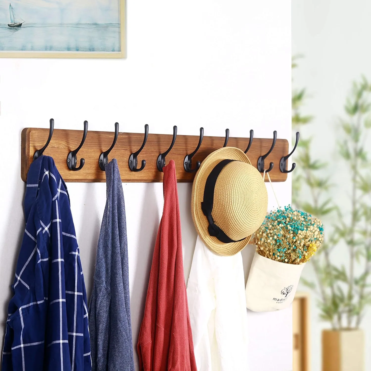 WEBI Coat Rack Wall Mount,10 Hooks,38 9/16" Long Coat Hooks Wall Mounted Rustic,16" Hole to Hole,Wood Coat Hanger Wall,Hook Rack Hooks for Hanging Coats,Jacket,Clothes,Hats,2 Packs