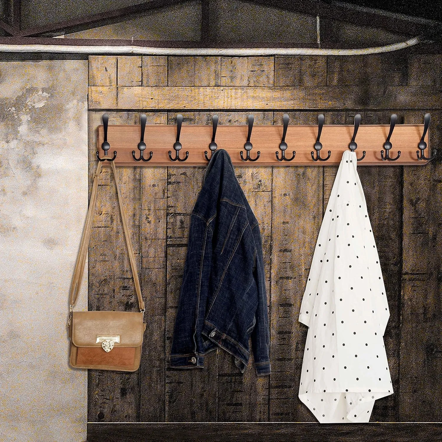 WEBI Coat Rack Wall Mount,38 9/16" Long,10 Hooks,Coat Hooks Wall Mounted,Coat Hanger Wall,Wood Hook Rack Rail,Triple Hooks for Hanging Coats,Clothes,Jacket,Brown