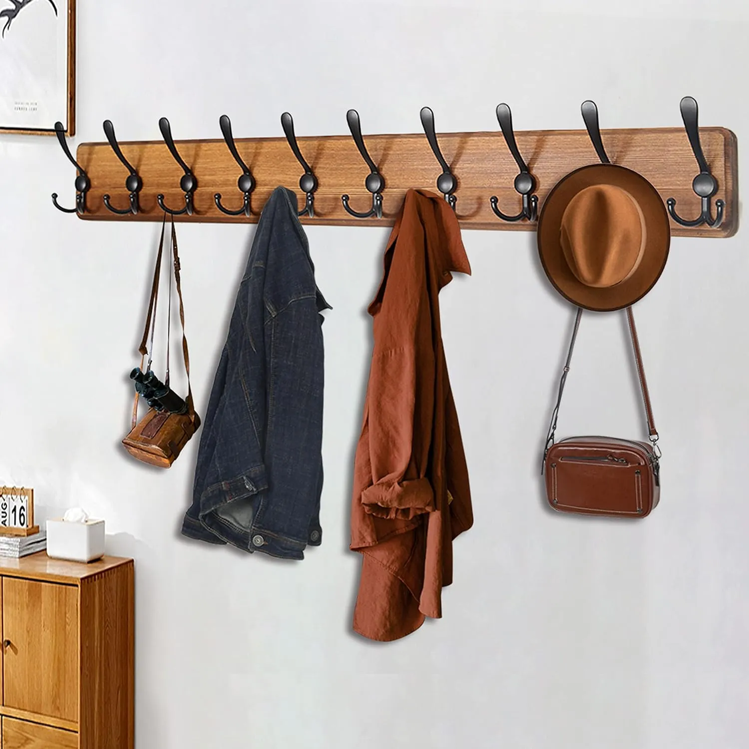 WEBI Coat Rack Wall Mount,38 9/16" Long,10 Hooks,Coat Hooks Wall Mounted,Coat Hanger Wall,Wood Hook Rack Rail,Triple Hooks for Hanging Coats,Clothes,Jacket,Brown