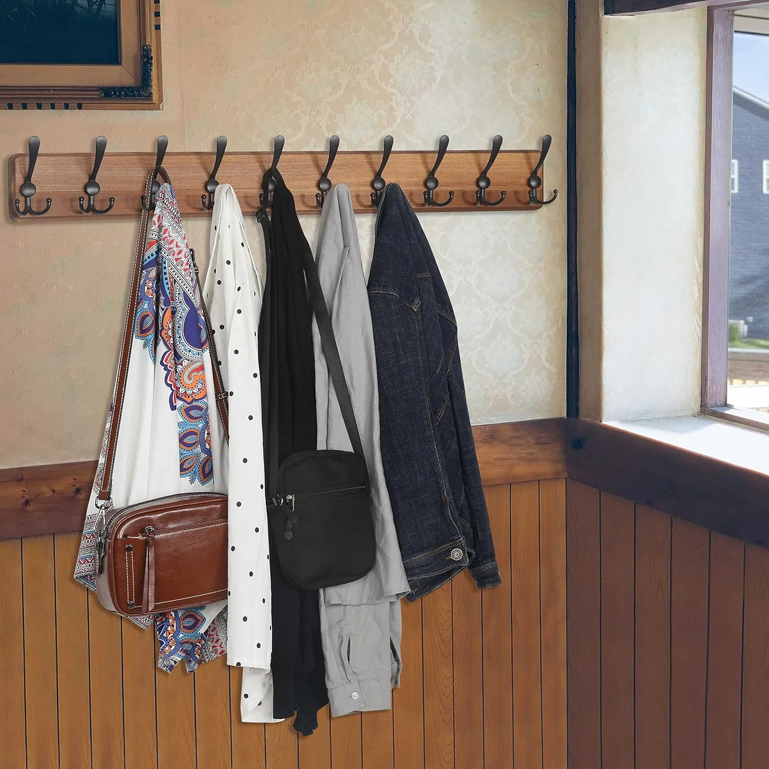 WEBI Coat Rack Wall Mount,38 9/16" Long,10 Hooks,Coat Hooks Wall Mounted,Coat Hanger Wall,Wood Hook Rack Rail,Triple Hooks for Hanging Coats,Clothes,Jacket,Brown
