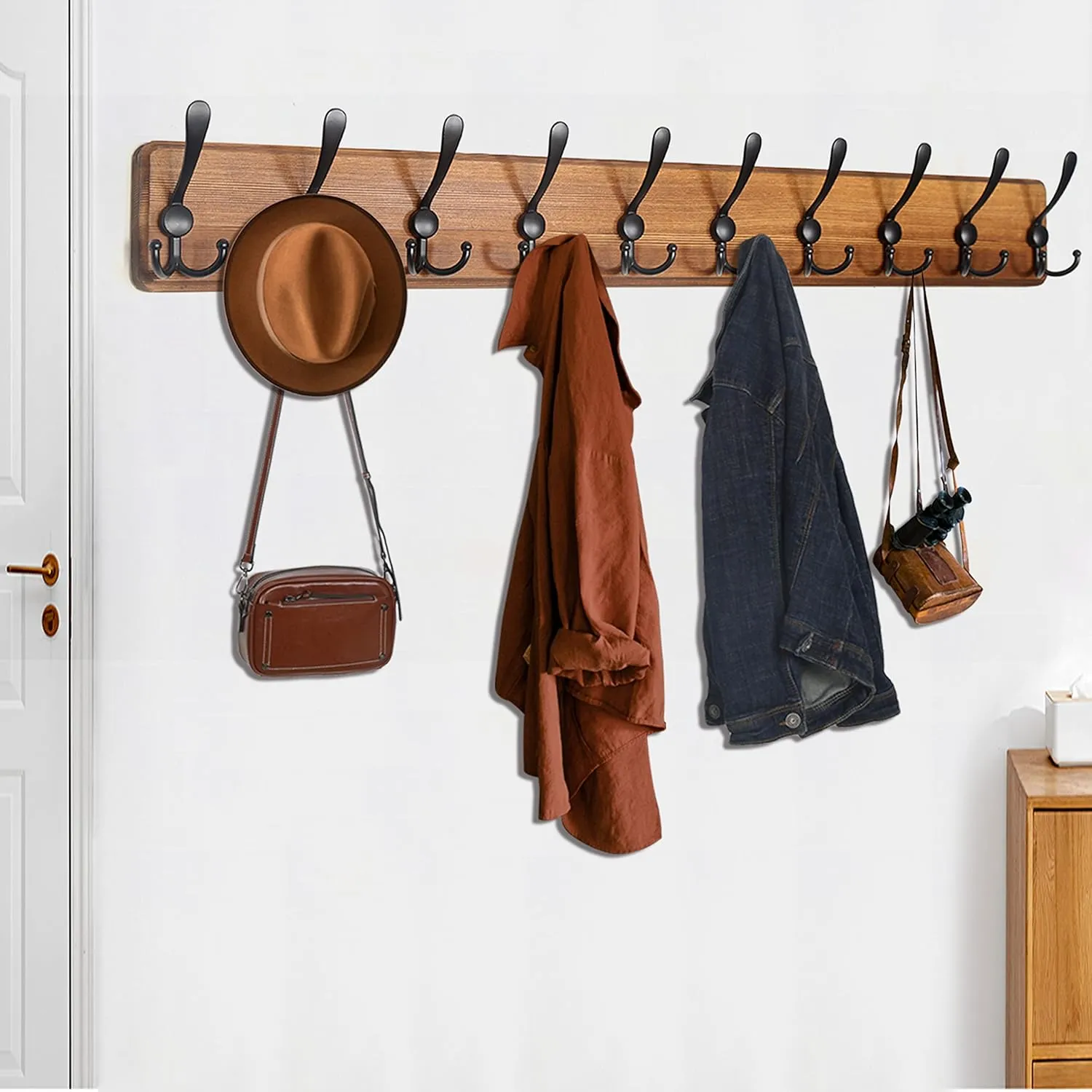 WEBI Coat Rack Wall Mount,38 9/16" Long,10 Hooks,Coat Hooks Wall Mounted,Coat Hanger Wall,Wood Hook Rack Rail,Triple Hooks for Hanging Coats,Clothes,Jacket,Brown