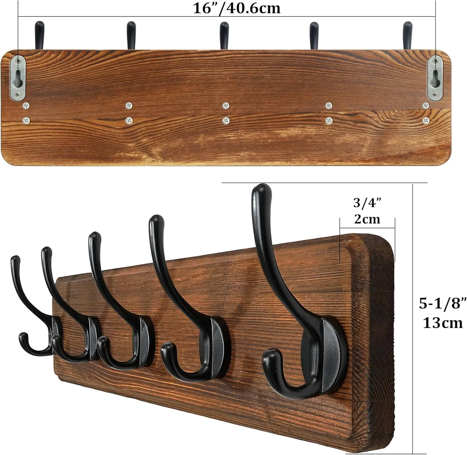 WEBI Coat Rack Wall Mount,Coat Hooks Wall Mounted,16" Hole to Hole,Rustic Large Coat Hanger Wall Hook Rack,5 Hooks for Hanging Coats,Hats,Jacket,Clothes,2 Packs