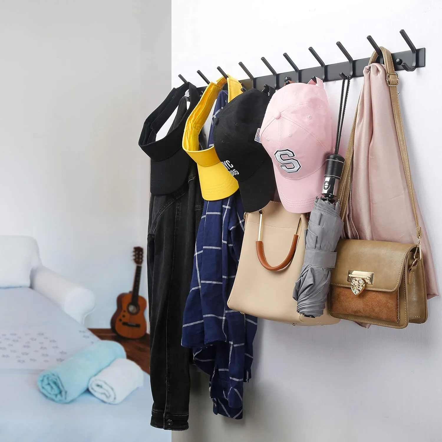 WEBI Coat Rack Wall Mounted,10 Hooks for Hanging Coats,30 Inch Hook Rack Hook Rail Coat Hanger Wall Mount for Backpack,Clothes,Jacket,Black,2 Packs