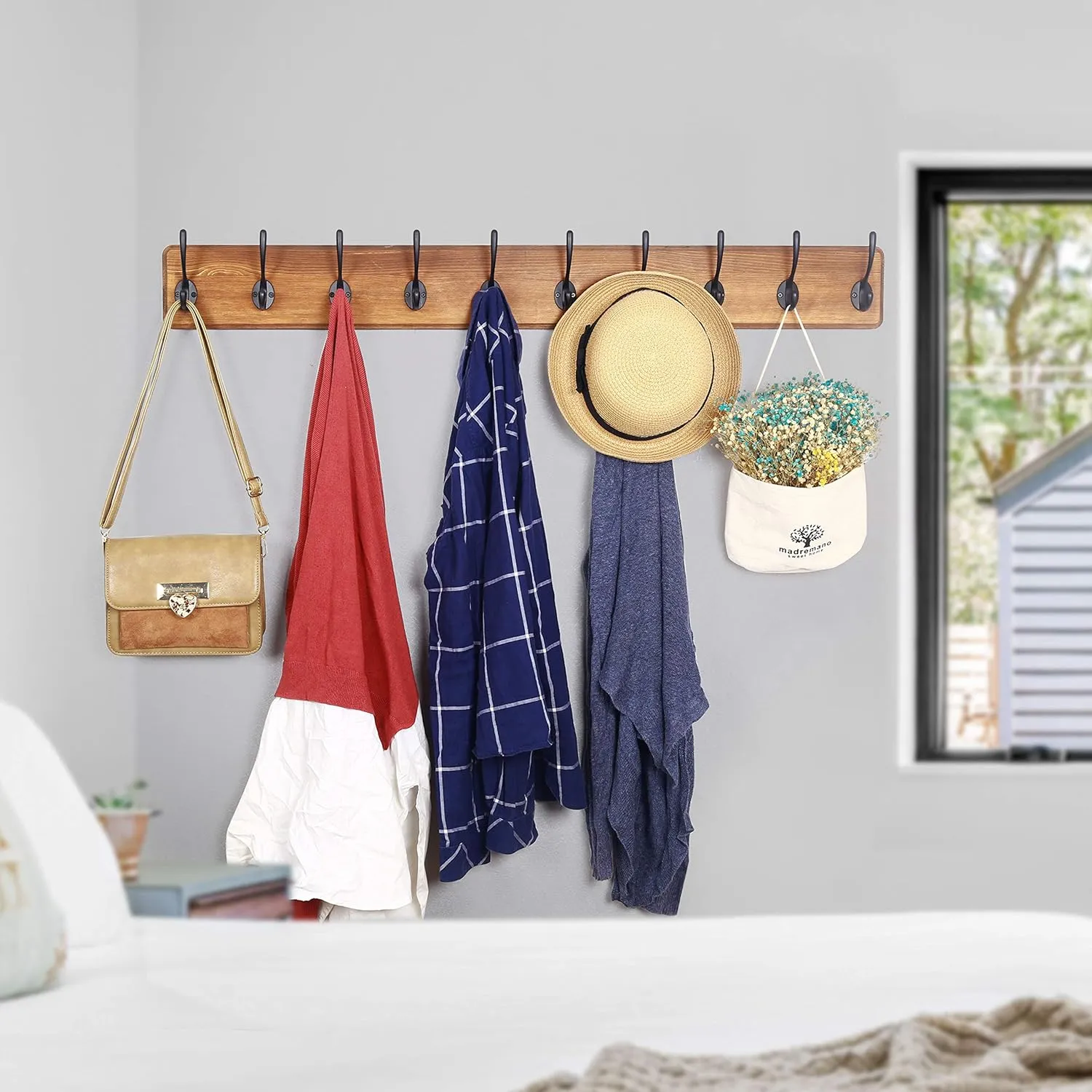 WEBI Rustic Coat Rack Wall Mount,10 Hooks,38 9/16" Long Coat Hooks Wall Mounted,16’’ Hole to Hole,Wood Coat Hanger Wall,Hook Rack Hooks for Hanging Coats,Jacket,Clothes,Hats,Brown
