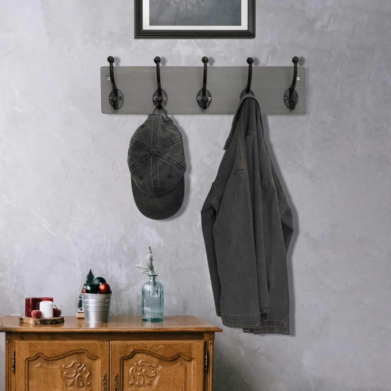 WEBI Rustic Coat Rack Wall Mount,5 Cast Iron Coat Hooks Wall Mounted Coat Hanger,Heavy Duty Vintage Hooks for Hanging Coats,Clothes,Jacket,Grey