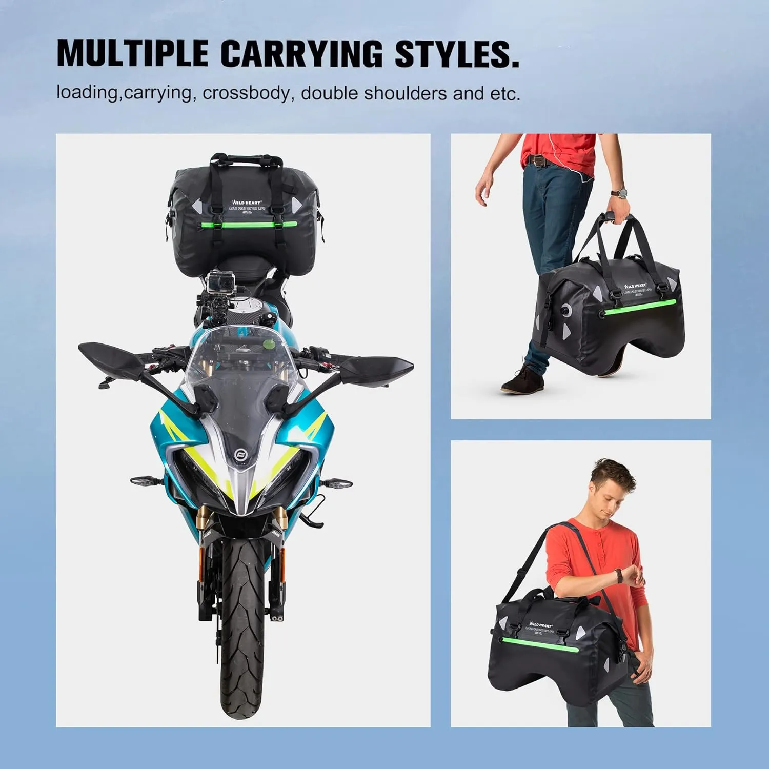 WILD HEART Dry Motorcycle Tail bag 70L/50L With Rope Straps and Inner Pocket Waterproof PVC 500D for Travel,Motorcycle and so on