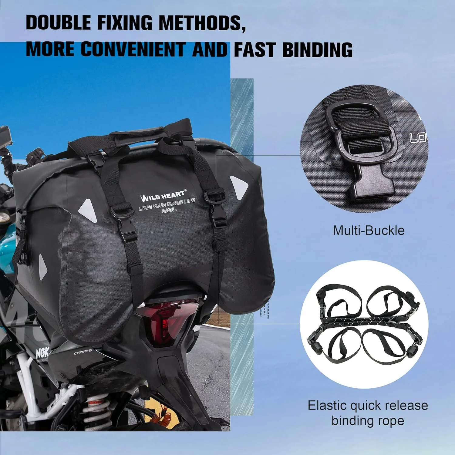 WILD HEART Dry Motorcycle Tail bag 70L/50L With Rope Straps and Inner Pocket Waterproof PVC 500D for Travel,Motorcycle and so on