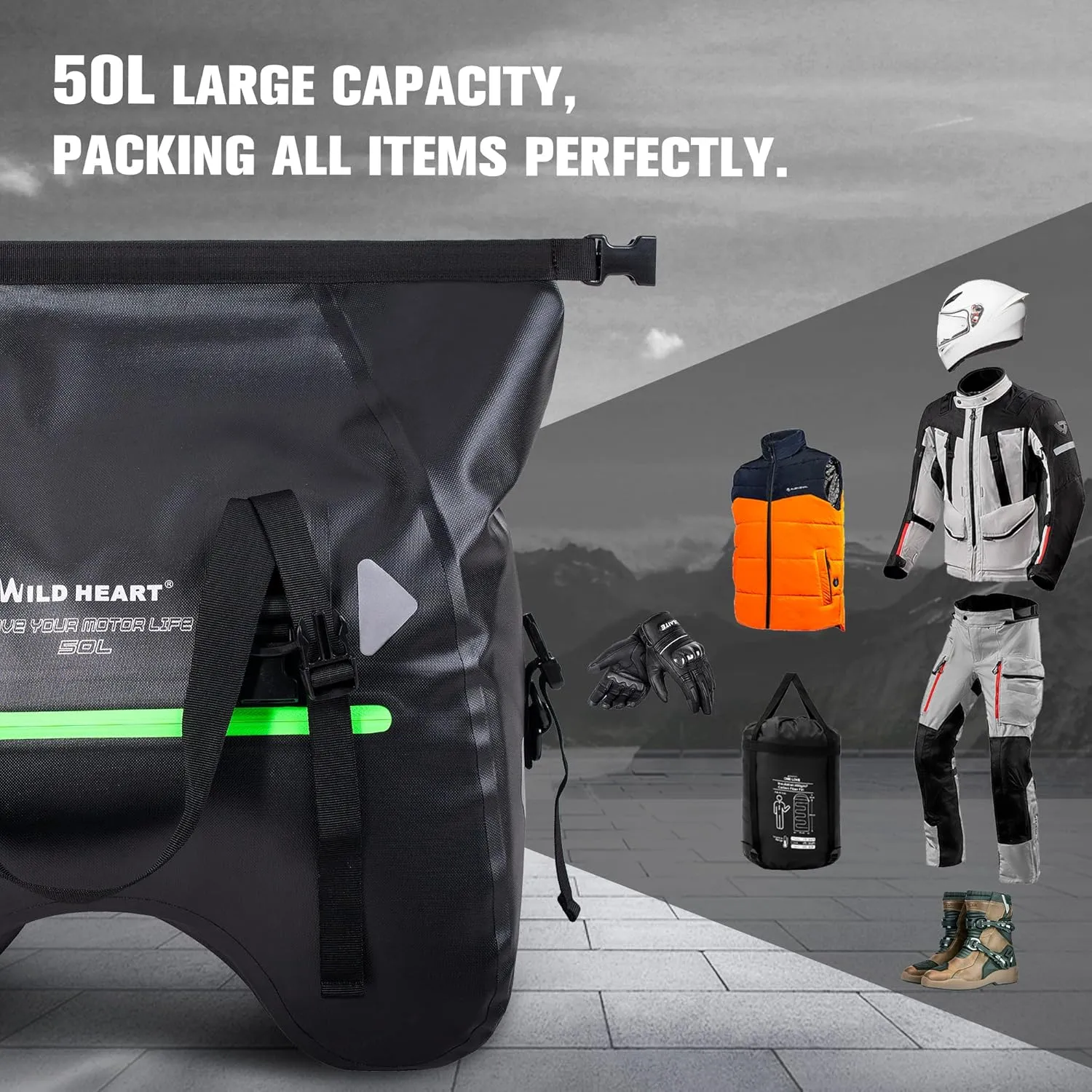 WILD HEART Dry Motorcycle Tail bag 70L/50L With Rope Straps and Inner Pocket Waterproof PVC 500D for Travel,Motorcycle and so on