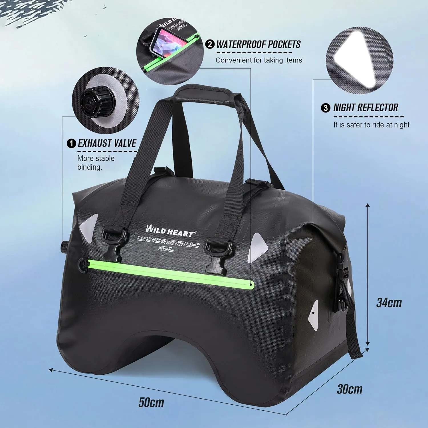 WILD HEART Dry Motorcycle Tail bag 70L/50L With Rope Straps and Inner Pocket Waterproof PVC 500D for Travel,Motorcycle and so on