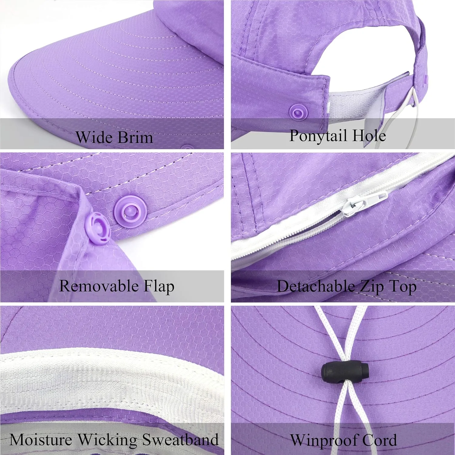 Women Sun Wide Brim UV Protection Fishing Hats Foldable Ponytail Summer Hat with Detachable Flap