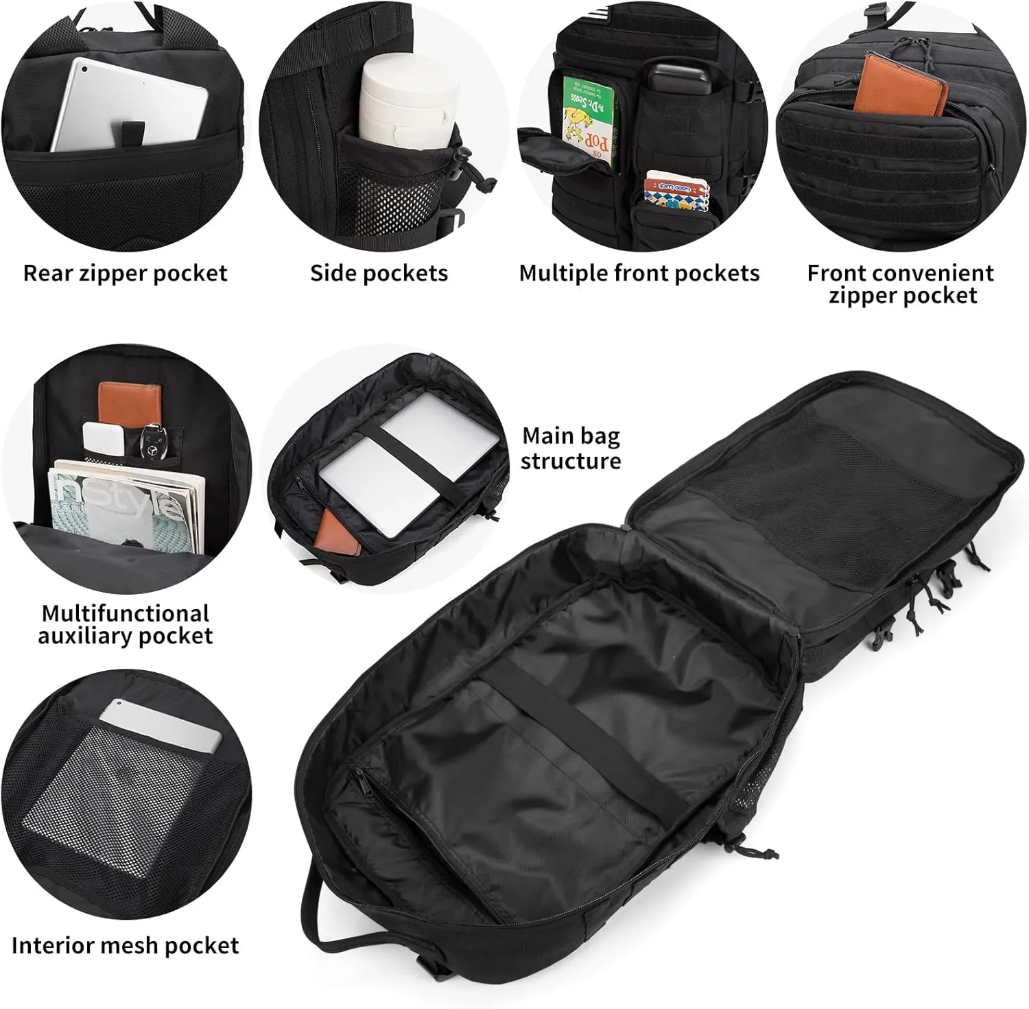 Wotony Tactical Backpack - Military waterproof backpack with multiple pockets and tactical gear for the outdoors (Camouflage Black, 45L)