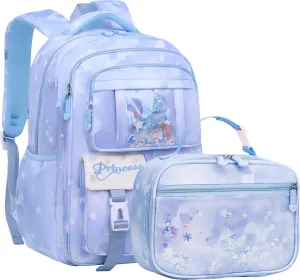 Wraifa Girls Backpack and Lunch Box Set - Sequin Backpack for Girls Elementary School Preschool Princess Kids Bookbag (Lunch Bag Set Blue)