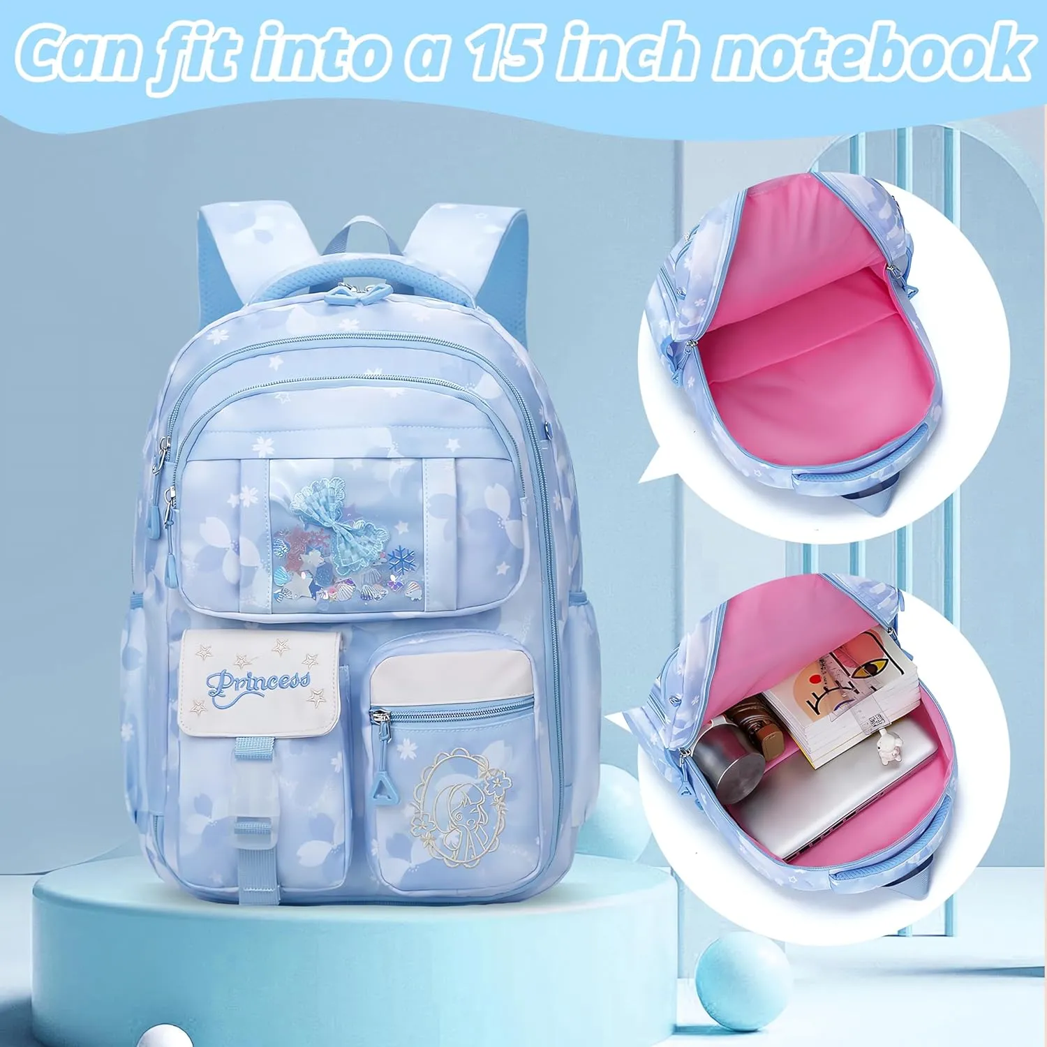 Wraifa Girls Backpack and Lunch Box Set - Sequin Backpack for Girls Elementary School Preschool Princess Kids Bookbag (Lunch Bag Set Blue)