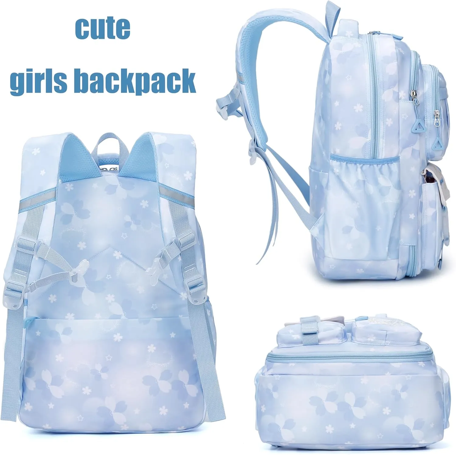 Wraifa Girls Backpack and Lunch Box Set - Sequin Backpack for Girls Elementary School Preschool Princess Kids Bookbag (Lunch Bag Set Blue)