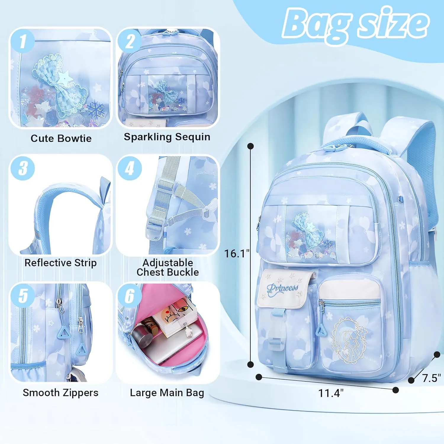 Wraifa Girls Backpack and Lunch Box Set - Sequin Backpack for Girls Elementary School Preschool Princess Kids Bookbag (Lunch Bag Set Blue)