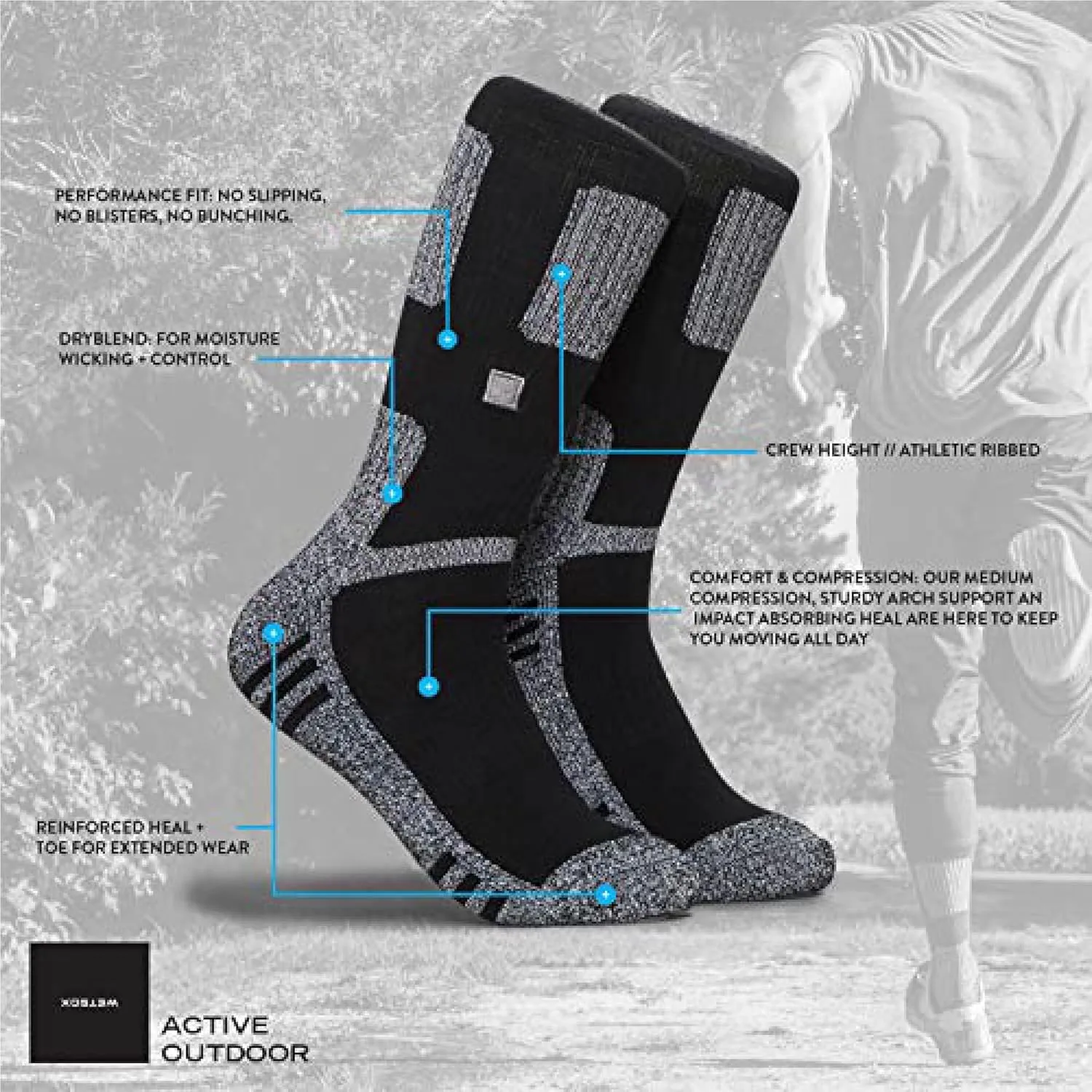 WSX Outdoor & Sports Socks | Lightweight, Medium Compression with Arch Support and Moisture-Wicking | Socks for Men & Women