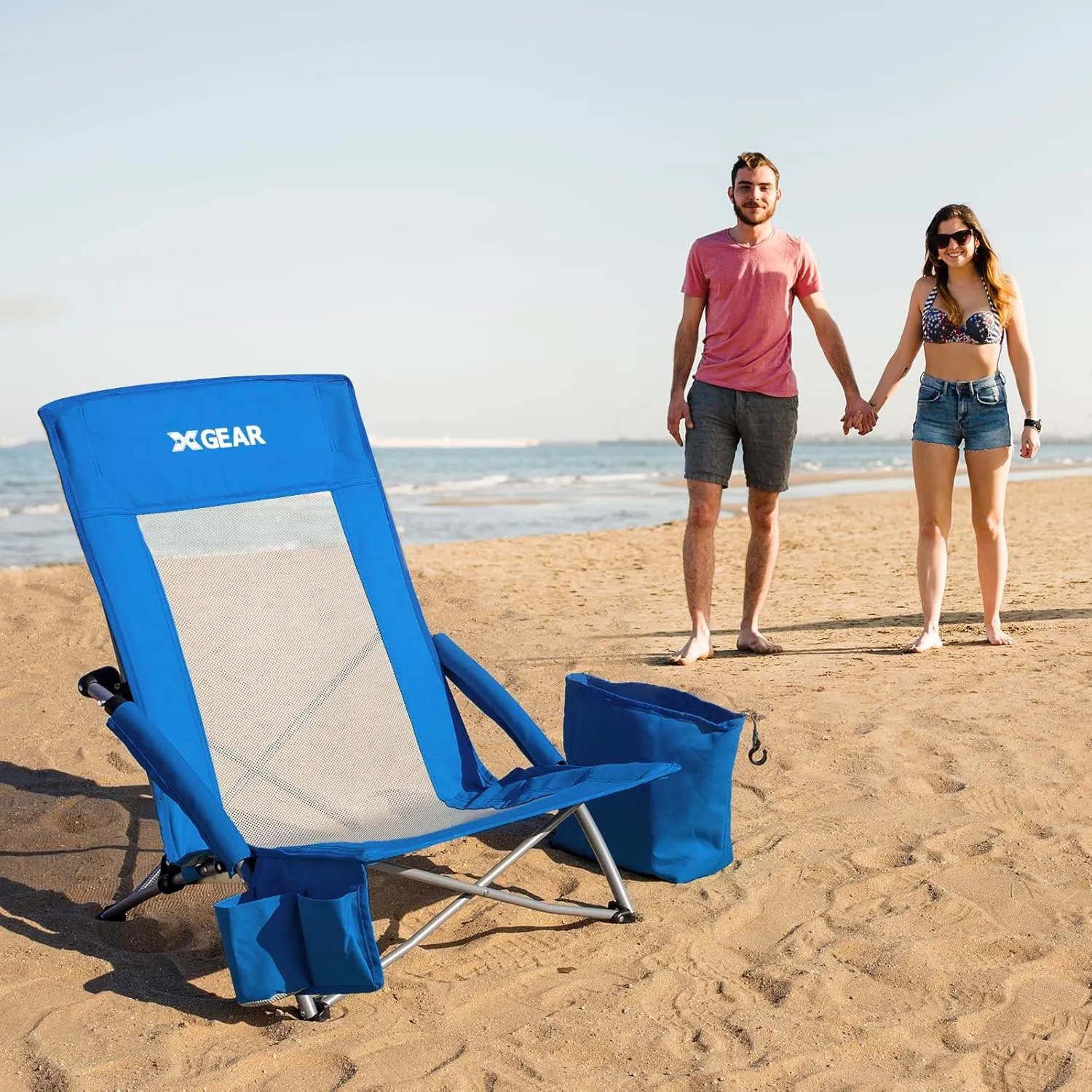 XGEAR Beach Chair Sturdy Beach Chairs for Adults with Cooler Bag, High Back Camping Chair with Side Pocket, Cup Holder & Carry Bag, for Outdoor Sand-Blue
