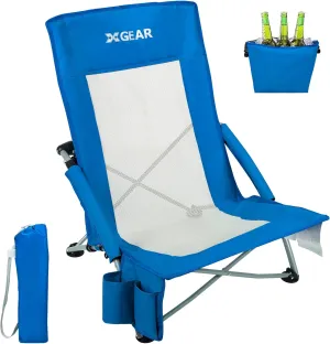 XGEAR Beach Chair Sturdy Beach Chairs for Adults with Cooler Bag, High Back Camping Chair with Side Pocket, Cup Holder & Carry Bag, for Outdoor Sand-Blue