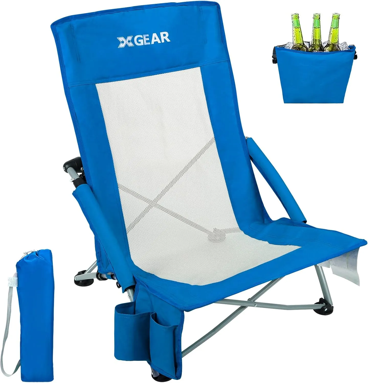 XGEAR Beach Chair Sturdy Beach Chairs for Adults with Cooler Bag, High Back Camping Chair with Side Pocket, Cup Holder & Carry Bag, for Outdoor Sand-Blue